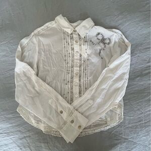 LoveShack Fancy White Lace-Trim Button-Up Blouse with Beaded Detail